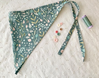 Pretty Garden Floral Bandana CottageCore Kerchief Spring Greens and Pink Triangle Head Scarf Gift under 20 Gift for Her Botanical Sage Green