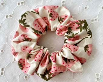 Strawberry Scrunchie Handmade Scrunchy Strawberry Print Two Sizes Fruit Hair Tie Cotton Fabric Berry Fruit Accessory Gift for Her under 10