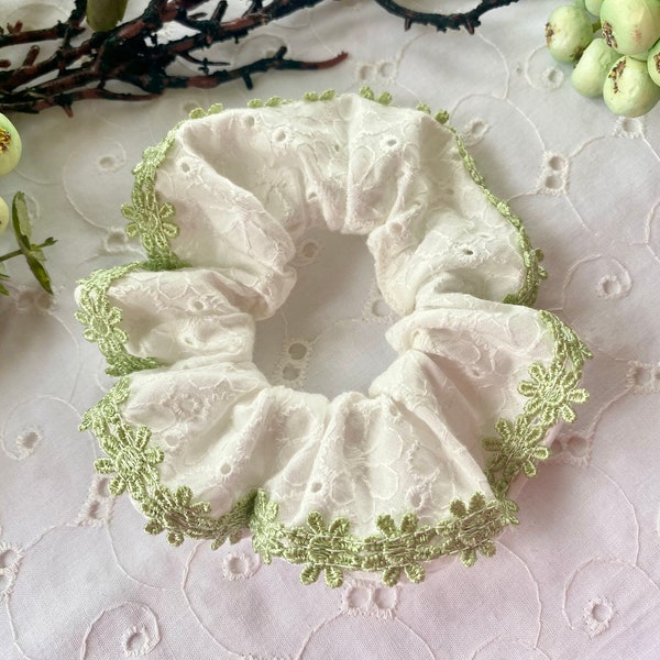 White Eyelet Scrunchie Lace Scrunchy Two Sizes Lace with Cute Green Daisy Trim Option Scrunchy Handmade Gift for Her Lace Accessory for Hair