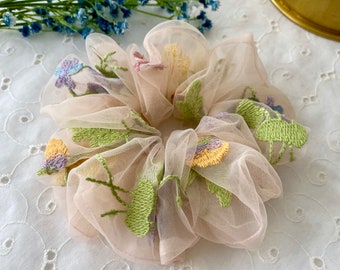 Blush Pink Ivory Floral Tulle Lace Embroidered Scrunchy Lace Scrunchie  Mesh Lace Frilly Gift for Her Handcrafted Etsy Pick  Giftwrap