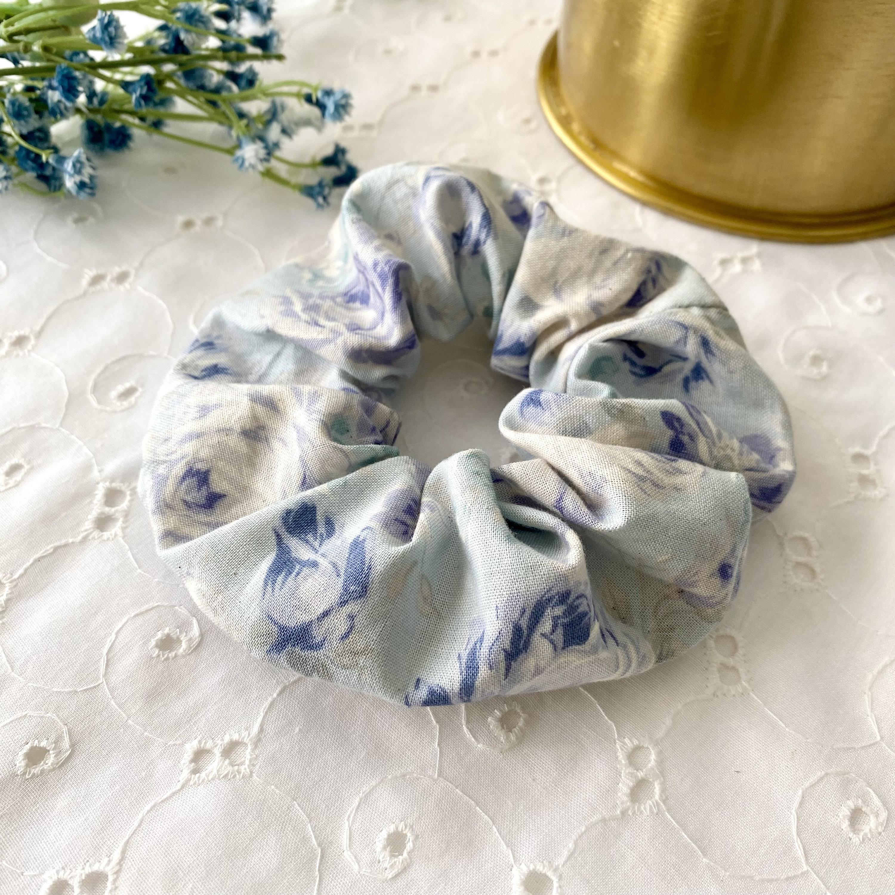 Distressed Cotton Floral Scrunchie Soft Blue and White Romantic Cotton Hair Scrunchy Two Sizes Gift for Her Easy Style Relaxed Cotton French