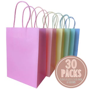 May include: A set of six pastel-colored paper gift bags with twisted paper handles. The bags are pink, peach, yellow, green, and blue. The bags are 5.9 x 8.25 x 3.15 inches.