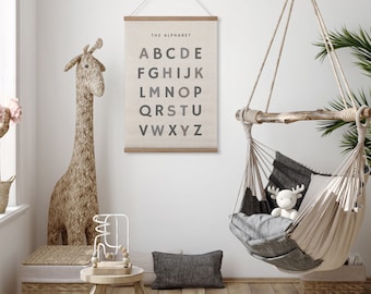 16×24 Inch Embroidered Educational Poster with Wood Poster Hanger - Neutral Gray Wall Decor for Nursery, Playroom, Toddlers and Kids Room