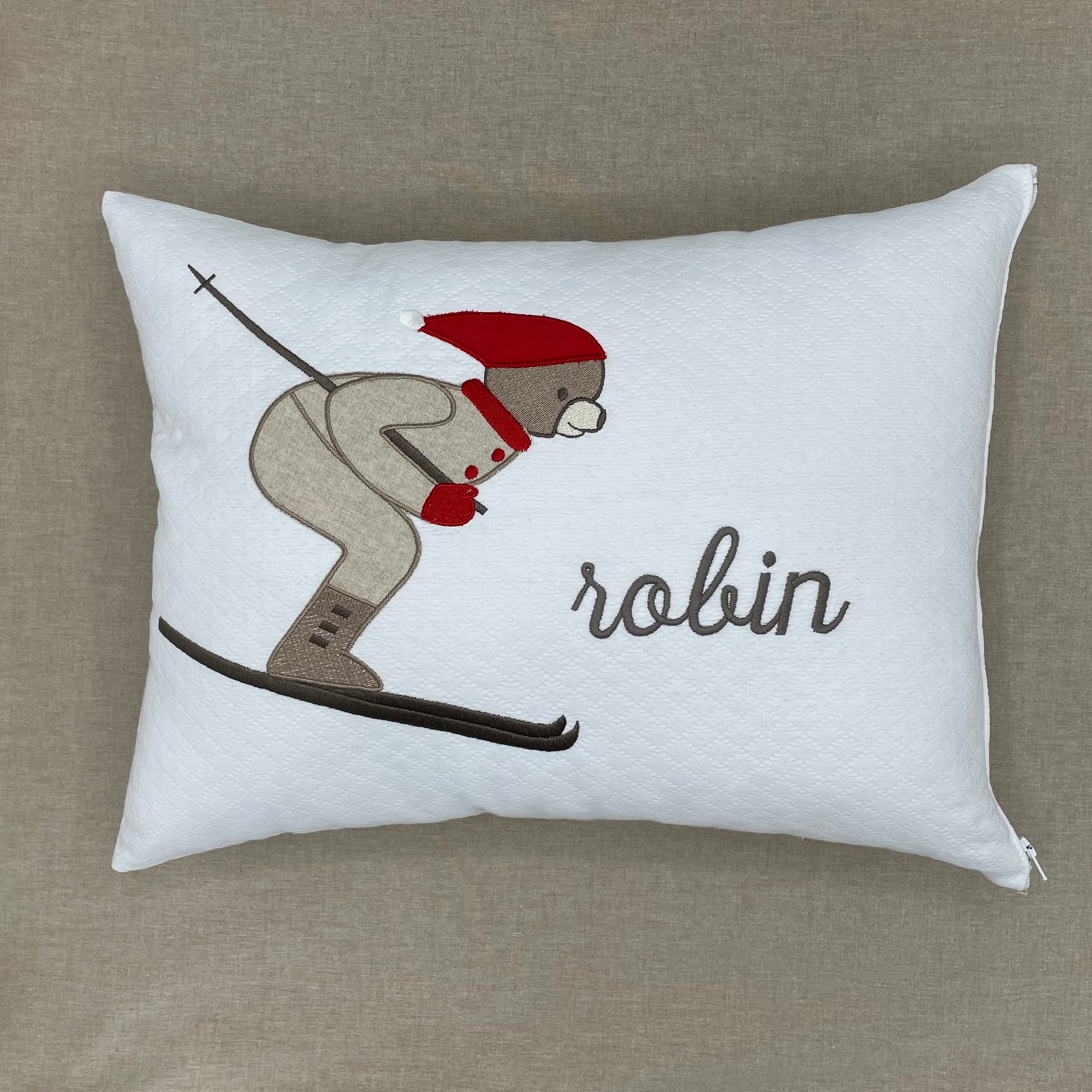 Coussin Brodé Personnalisé - Skieur Taupe