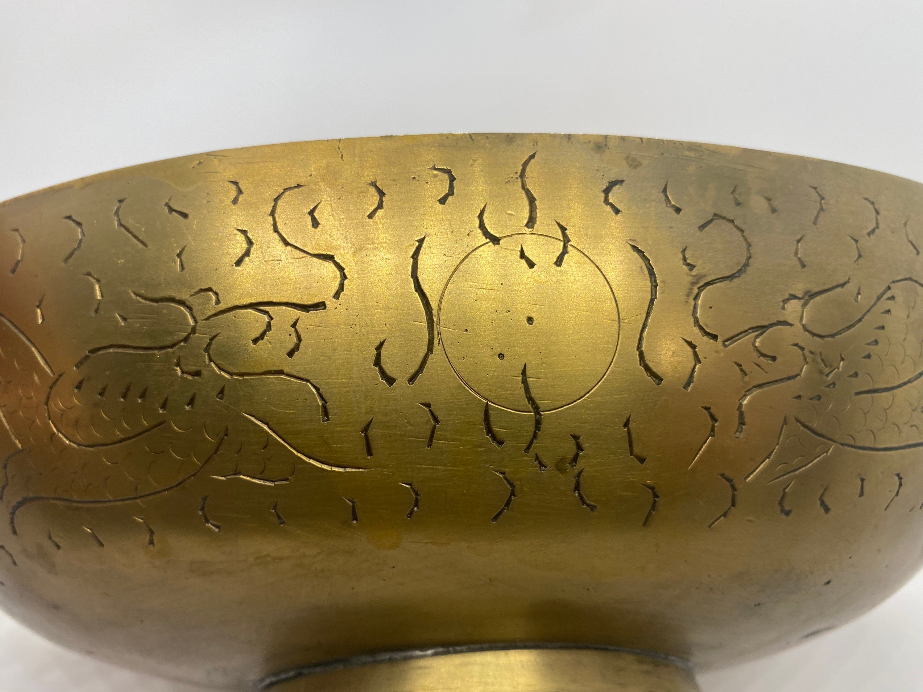 Bowls Vintage Hand Carved Brass Candy Dish with basket handle stamped