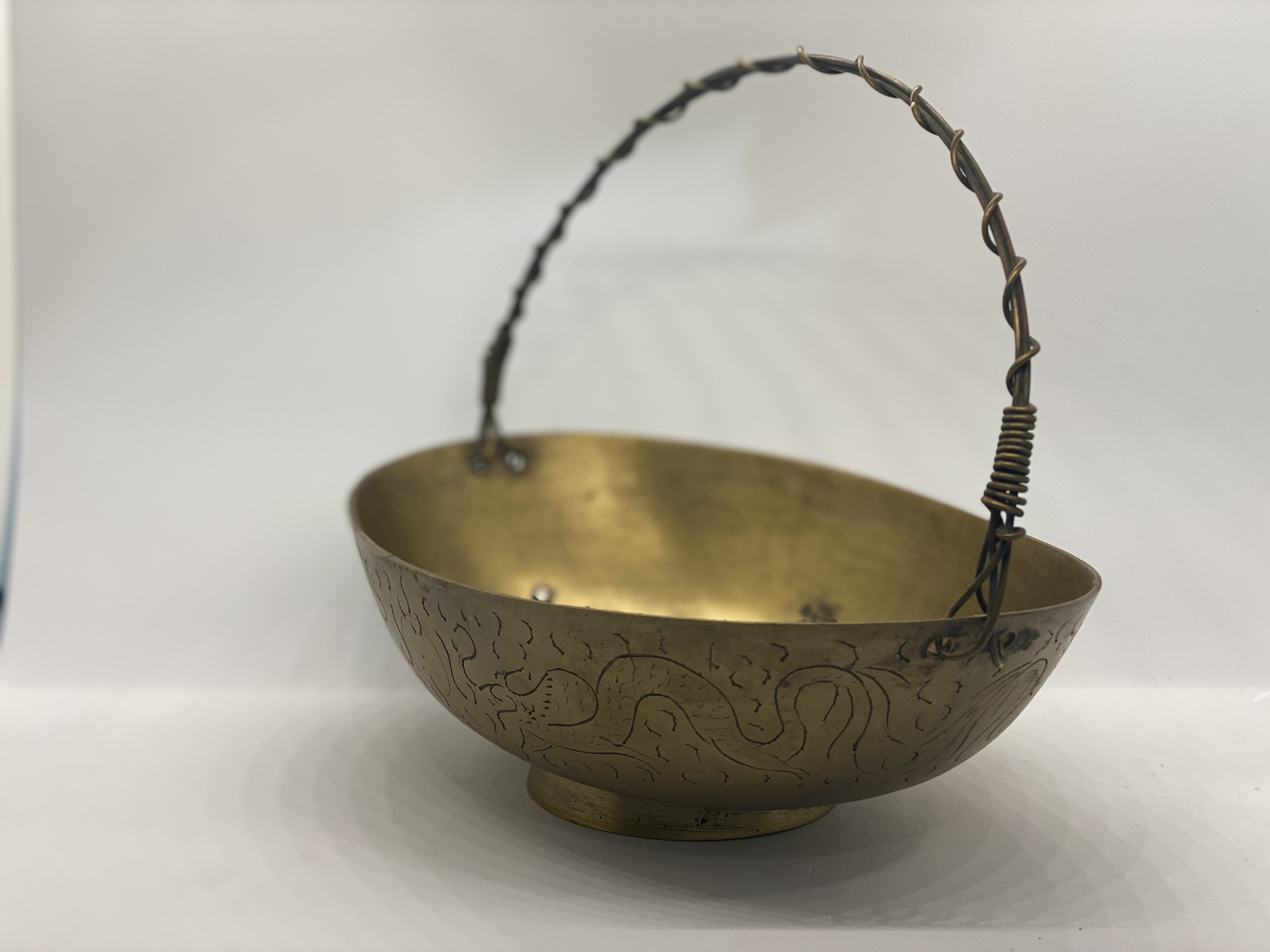 Bowls Vintage Hand Carved Brass Candy Dish with basket handle stamped