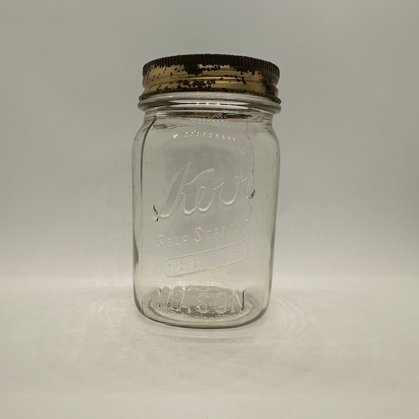 Antique Kerr “Self-Sealing” Square Pint Mason Jar circa 1968-1980s with Rustic Rusty Jar Ring