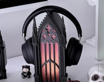 Cathedral Gothic Window Headphone Stand: Dark Academia Desk Decor