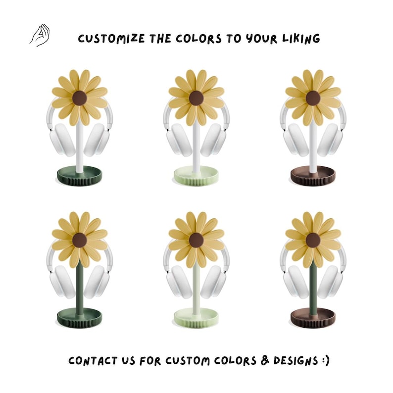 May include: Six different color variations of a sunflower-shaped headphone stand. The stand is made of plastic and has a white headphone holder. The sunflower is yellow with a brown center. The stands are available in green, brown, and light green.