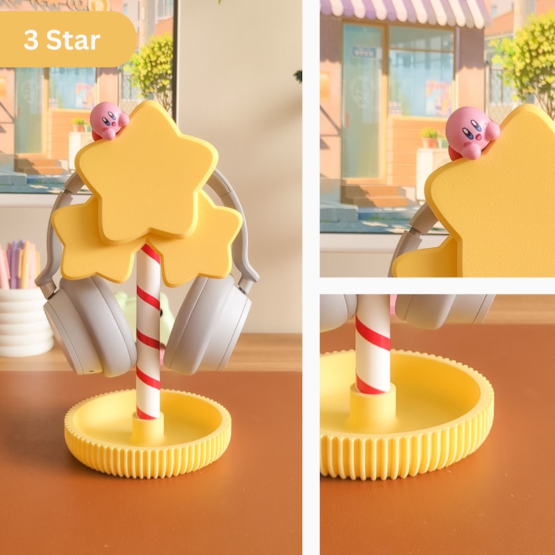 May include: A yellow star-shaped headphone stand with a red and white striped pole and a circular base. The stand holds a pair of grey headphones. A small pink character is perched on top of the star. The text "3 Star" is in the upper left corner.