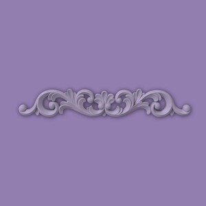 May include: A light grey, symmetrical scrollwork design with a floral motif. The design features swirling patterns, leaves, and rounded elements, set against a lavender background. This ornate element is suitable for various decorative applications.