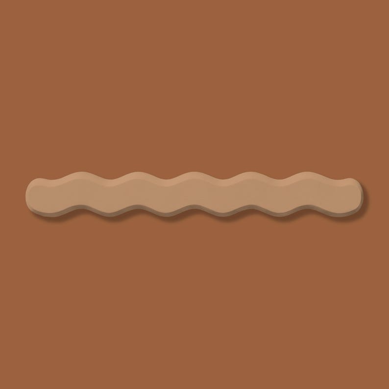 May include: A wavy, light brown decorative element against a solid brown background. The element has a series of rounded peaks and valleys, creating a flowing, organic shape. The design is simple and modern, with a subtle shadow effect.