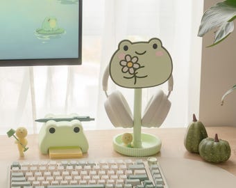 Frog Headphone Stand: Green Cottagecore Desk Decor - Interchangeable Headset Holder