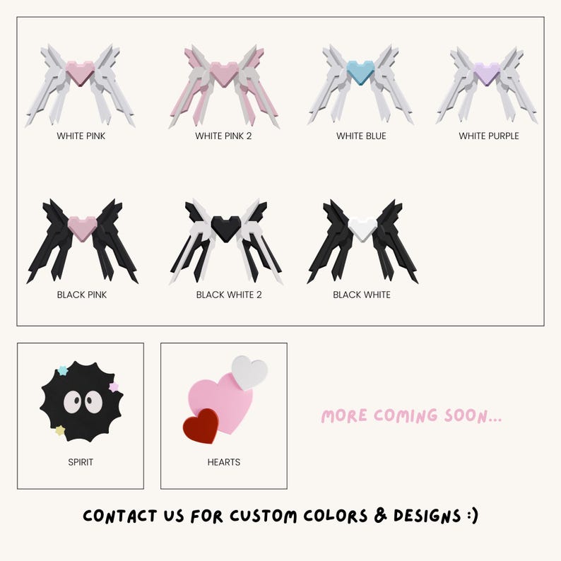 Puede incluir: Un conjunto de ilustraciones digitales que presentan varias alas de colores con corazones en el centro. Las alas est&aacute;n disponibles en blanco, negro, rosa, azul y morado. Las ilustraciones tambi&eacute;n incluyen un esp&iacute;ritu negro con ojos y un conjunto de corazones en rosa, rojo y blanco. El texto "MORE COMING SOON..." se muestra en rosa. El texto "CONTACT US FOR CUSTOM COLORS & DESIGNS :)" se muestra en negro.