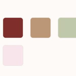 May include: A color palette featuring a variety of square swatches. The swatches include white, black, burgundy, tan, light green, olive green, and lavender. Additional colors are a lavender square with a dark border, light blue, and pink.