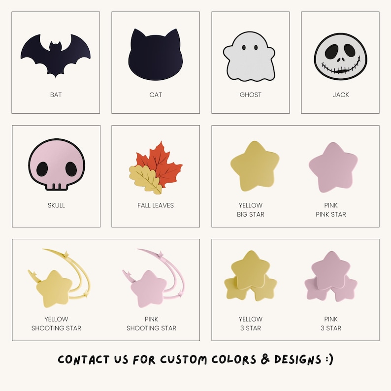 Puede incluir: Un conjunto de 10 parches para planchar con varios dise&ntilde;os, que incluyen un murci&eacute;lago, un gato, un fantasma, una calavera, hojas de oto&ntilde;o, una gran estrella amarilla, una estrella rosa, una estrella fugaz amarilla, una estrella fugaz rosa, un c&uacute;mulo de tres estrellas amarillas y un c&uacute;mulo de tres estrellas rosas. Los parches est&aacute;n todos delineados en negro y tienen un fondo blanco.