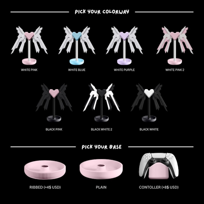 May include: A customizable phone stand with a variety of color options and base styles. Choose from white pink, white blue, white purple, white pink 2, black pink, black white 2, and black white colorways. Base options include ribbed, plain, and controller.