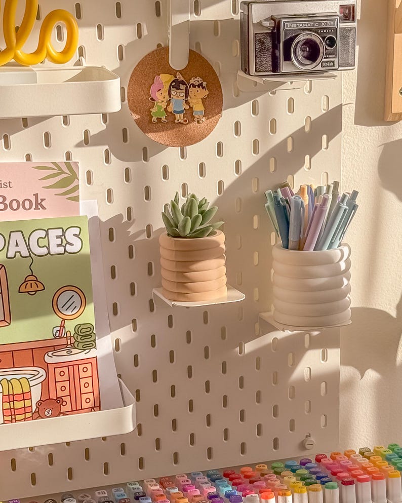 May include: A white pegboard with various items, including a small camera, a corkboard with cartoon figures, a faux succulent, and a pen holder filled with pens. A book titled "Spaces" is visible. The pegboard has multiple holes.