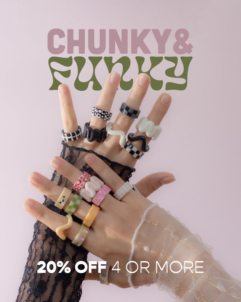 Chunky & Funky Statement Rings Fun and trendy resin clay rings Hand painted and printed with plant based resin Rings setS image 1