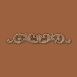 May include: A decorative wood carving with a symmetrical, scrolling floral design. The carving features stylized leaves and curls, with a light brown colour, set against a solid brown background. The design is centered horizontally.
