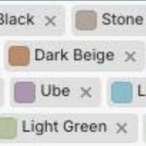 May include: A collection of color swatches labeled with various hues. Colors include white, black, stone, light beige, dark beige, light pink, light purple, ube, light blue, wine red, light green, and dark green.