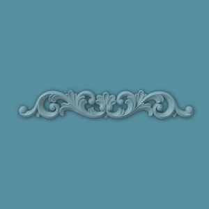 May include: A light blue, symmetrical scrollwork design with an ornate, stylized floral and leaf pattern. The design is centered against a teal background. The scrollwork features rounded edges and a three-dimensional effect.
