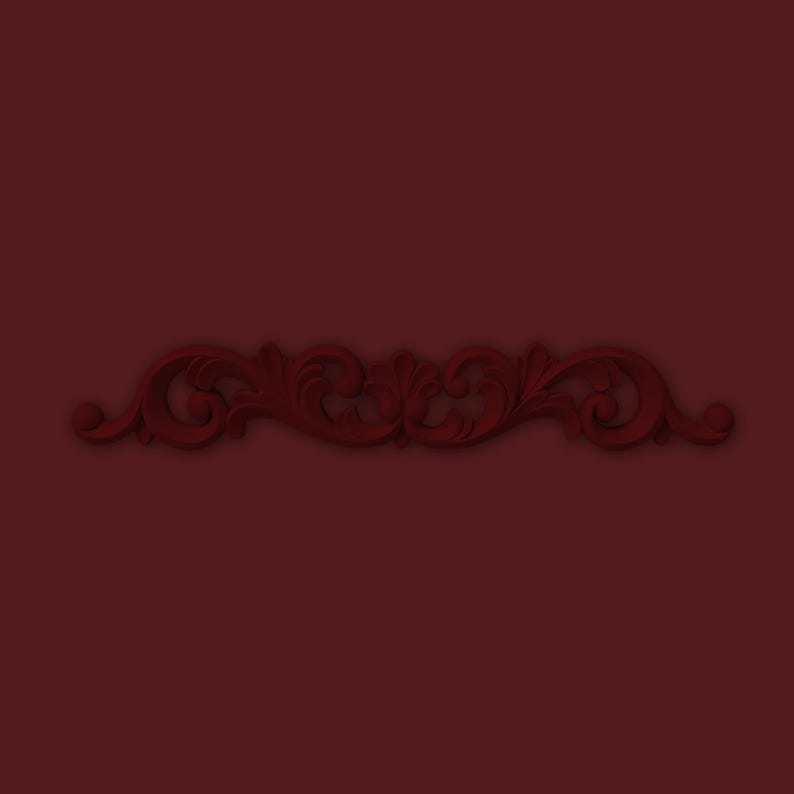 May include: A dark red, decorative scrollwork design. The symmetrical, scrolling pattern features stylized leaves and curves, set against a matching deep red background. Suitable for craft and design projects.