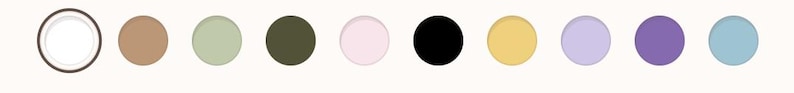May include: A collection of ten oval-shaped objects in a row. The first is a white circle with a brown outline. The following objects are brown, green, olive, pink, black, yellow, lavender, purple, and light blue.