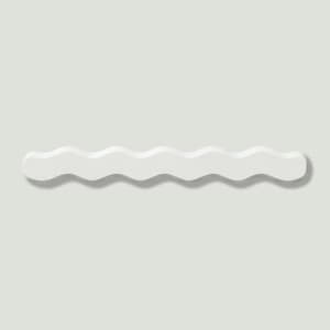 May include: A white, wavy-edged decorative shelf. The shelf has a series of rounded peaks and valleys, creating a flowing, organic shape. The shelf is made of a solid, opaque material and is designed to be mounted on a wall.