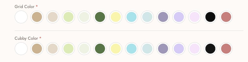 May include: A color selection chart featuring two rows labeled Grid Color and Cubby Color. Each row displays fourteen circular swatches in various shades including white, tan, beige, light green, dark green, yellow, blue, purple, black, and pink.