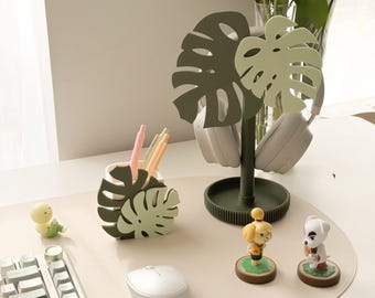 Monstera Swap Pen Pot: Modular Two-Tone Green Cozy Desk Organizer