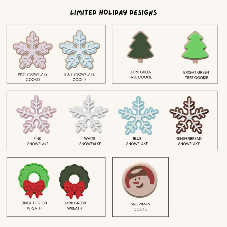 Puede incluir: Un conjunto de nueve cortadores de galletas con dise&ntilde;os navide&ntilde;os, incluyendo copos de nieve, &aacute;rboles, coronas y un mu&ntilde;eco de nieve. Los cortadores son de varios colores, incluyendo rosa, azul, blanco, verde y marr&oacute;n.