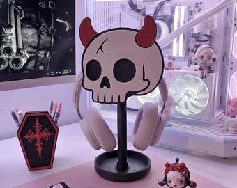 Horned Skull Headphone Stand: Gothic Desk Decor, Gamer Headset Holder