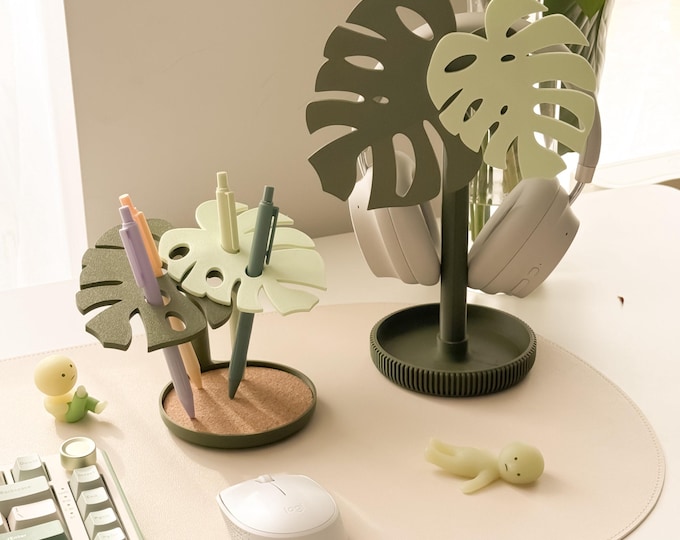Monstera Pen Holder: Two-Tone Green Cozy Desk Organizer