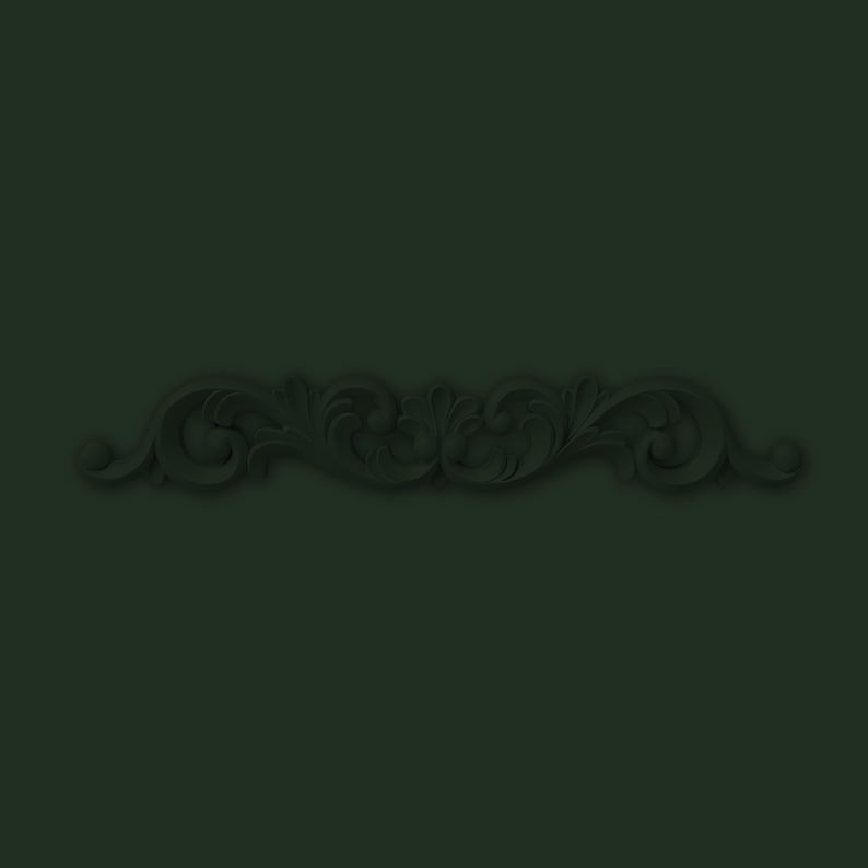 May include: Dark green decorative molding with an ornate, symmetrical scrollwork design. The molding features swirling leaves and floral elements, creating a classic, elegant aesthetic. Suitable for interior design or architectural detailing.