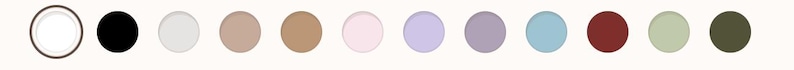 Puede incluir: Una colecci&oacute;n de doce muestras de color circulares. Los colores incluyen blanco, negro, gris claro, beige, marr&oacute;n, rosa, lavanda, azul claro, morado, rojo, verde claro y verde oliva. Las muestras est&aacute;n dispuestas en una l&iacute;nea horizontal.