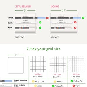 May include: An informational chart for selecting cubby depth and grid size for marker storage. It displays standard 5-inch and long 6.7-inch depths, comparing fit for Tombow, Ohuhu, and Posca markers. A grid section shows 36, 49, and 64 slot options.