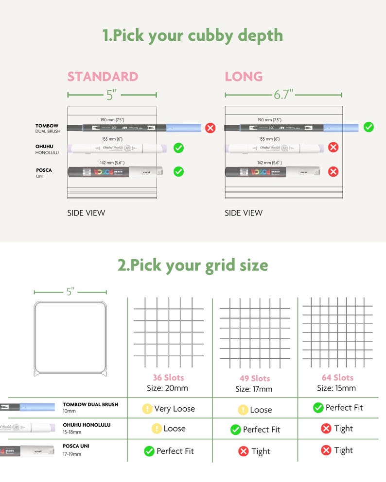 May include: An informational chart for selecting cubby depth and grid size for marker storage. It displays standard 5-inch and long 6.7-inch depths, comparing fit for Tombow, Ohuhu, and Posca markers. A grid section shows 36, 49, and 64 slot options.