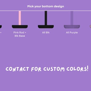 Puede incluir: Gr&aacute;fico que muestra cinco opciones de dise&ntilde;o inferior. Las opciones incluyen varillas moradas y rosas con bases negras, un dise&ntilde;o totalmente negro, un dise&ntilde;o totalmente morado y un dise&ntilde;o totalmente rosa. El texto en la parte superior dice "Elige tu dise&ntilde;o inferior". El texto inferior dice "&iexcl;CONTACTA PARA COLORES PERSONALIZADOS!"