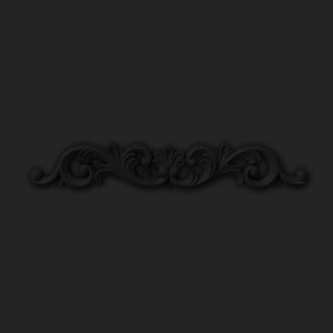 May include: A black decorative moulding with a symmetrical design. It features swirling leaf and scroll patterns, creating a classic, elegant aesthetic. The piece is likely made of wood or a similar material.