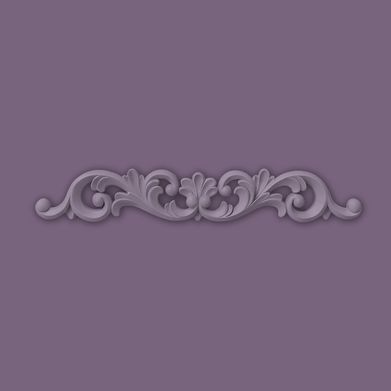 May include: A decorative, symmetrical, grey-purple scrollwork design. The ornate, three-dimensional element features swirling patterns, leaves, and rounded accents. The design is centered on a solid purple background, creating a classic, elegant aesthetic.