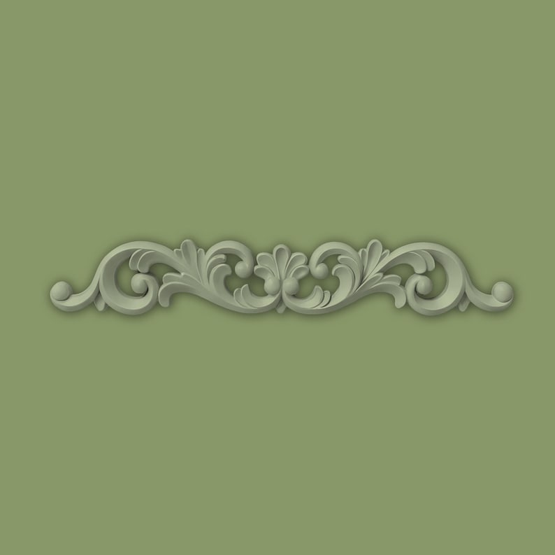 May include: A light grey, symmetrical scrollwork design featuring a central floral motif and swirling leaf patterns. The design is set against a muted green background, creating a classic, elegant aesthetic. This architectural element is suitable for interior design.