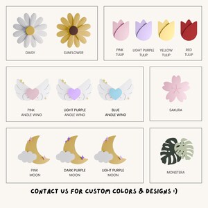 Puede incluir: Una colecci&oacute;n de decoraci&oacute;n de pared de madera en varias formas y colores, incluyendo una margarita, un girasol, un tulip&aacute;n, un ala de &aacute;ngel, una luna y una hoja de monstera. El texto "CONTACT US FOR CUSTOM COLORS & DESIGNS :)" est&aacute; en la parte inferior de la imagen.