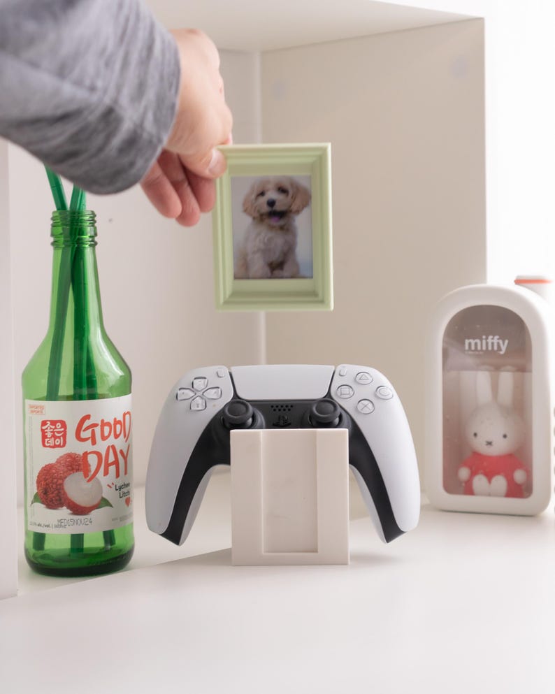 May include: A green glass bottle with a "Good Day" label, a white and black game controller, a small framed photo of a dog, and a Miffy figurine in a clear case. The photo is being held by a person.