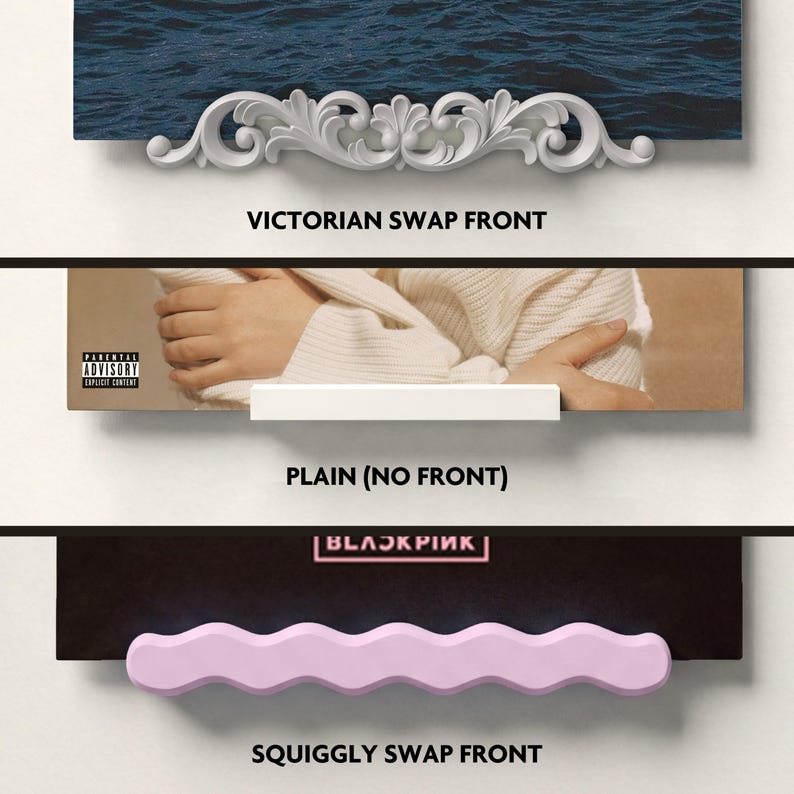 May include: Three different shelf fronts are displayed. The top shelf has a white, ornate Victorian design. The middle shelf is plain white. The bottom shelf has a pink, wavy design with the text "SQUIGGLY SWAP FRONT". The text "BLACKPINK" is also visible.