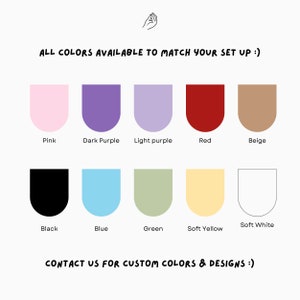 May include: Image displaying a range of colour swatches in pink, purple, red, and beige, with the text "ALL COLOURS AVAILABLE TO MATCH YOUR SET UP :)" and "CONTACT US FOR CUSTOM COLOURS & DESIGNS :)".