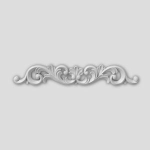 May include: A white decorative moulding with a symmetrical design. It features scrolling leaves and floral elements, creating a classic, elegant aesthetic. The design is centered and has a slight shadow.