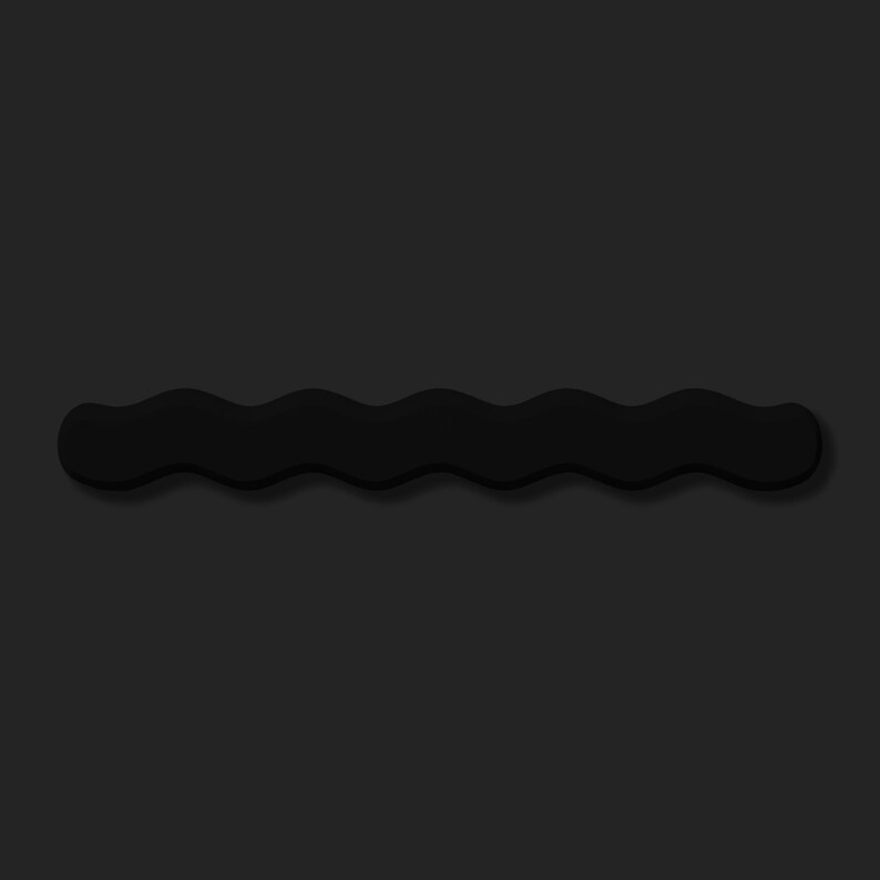 May include: A black, wavy-shaped object with a smooth surface. The object has a series of rounded curves, creating a flowing, undulating design. The object is set against a dark gray background, with a subtle shadow.