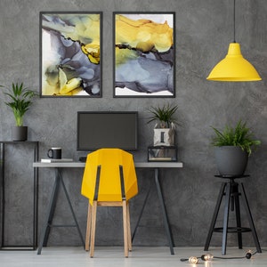 Yellow, Black and Grey - 2 Panel Alcohol Ink Abstract Wall Art, Abstract Print, Abstract Painting, Download, Printable
