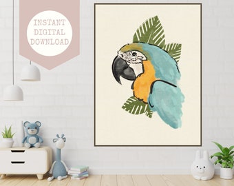 Macaw Bird Rainforest Parrot Jungle Nursery Art Digital Download Gender Neutral